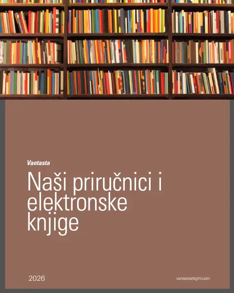 Naslov kratkog vodiča za naše digitalne priručnike ispod slike sa policom sa knjigama